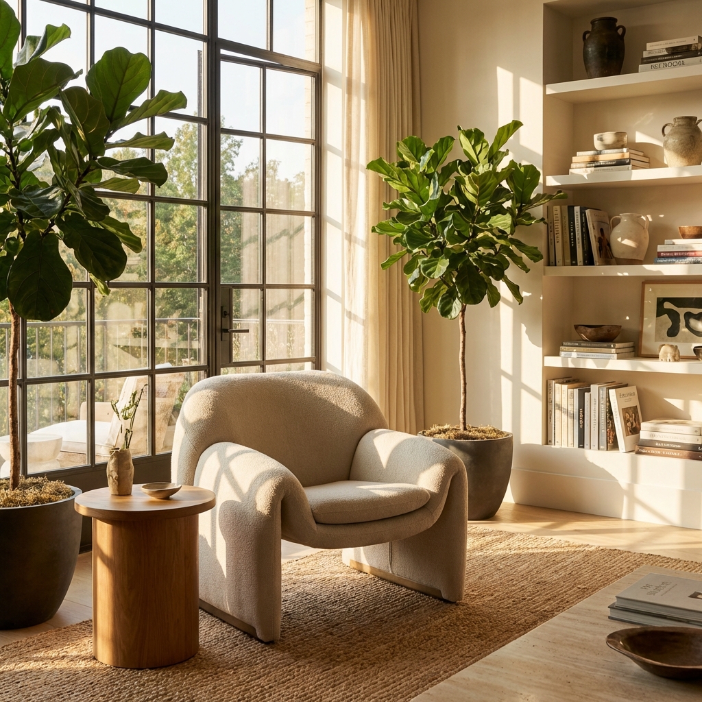 AI generated modern armchair staged beautifully in a bright minimalist interior design