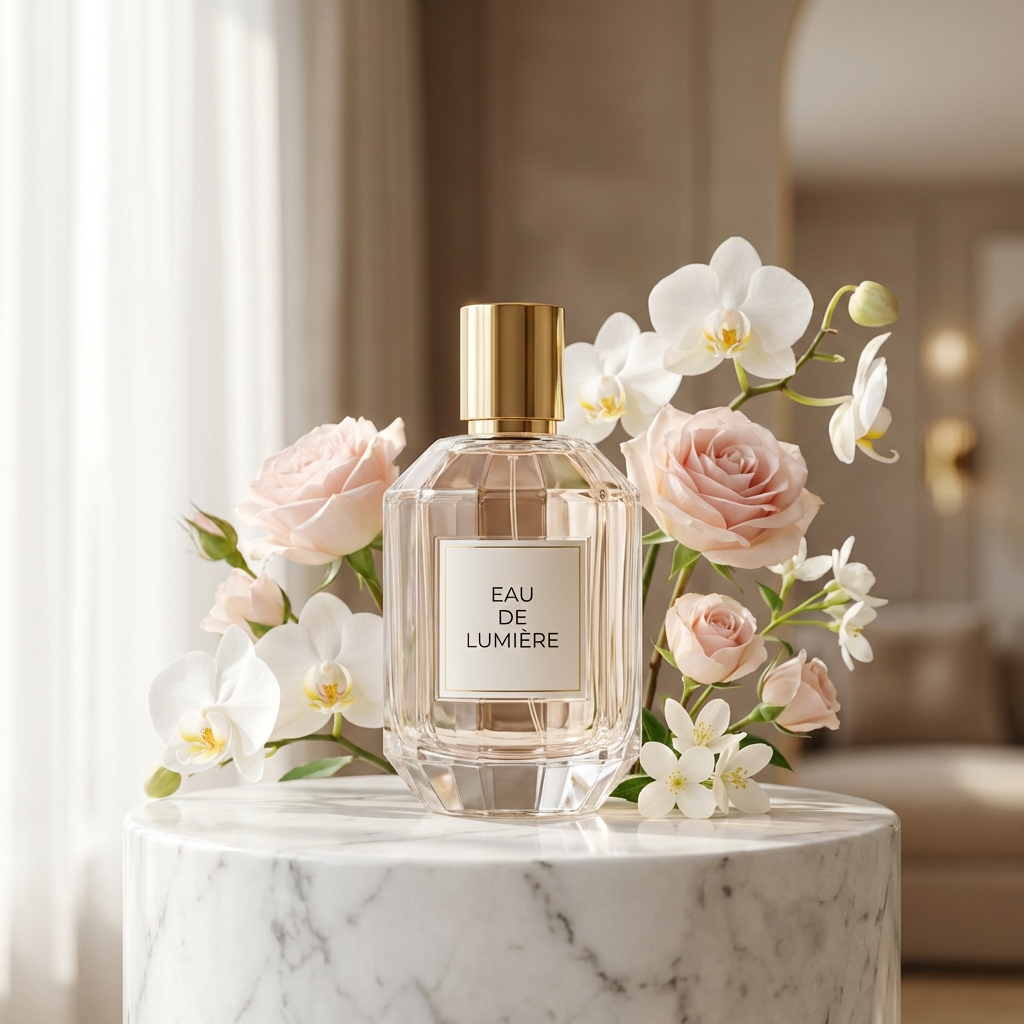 AI generated luxury perfume bottle placed on a marble surface with dramatic lighting