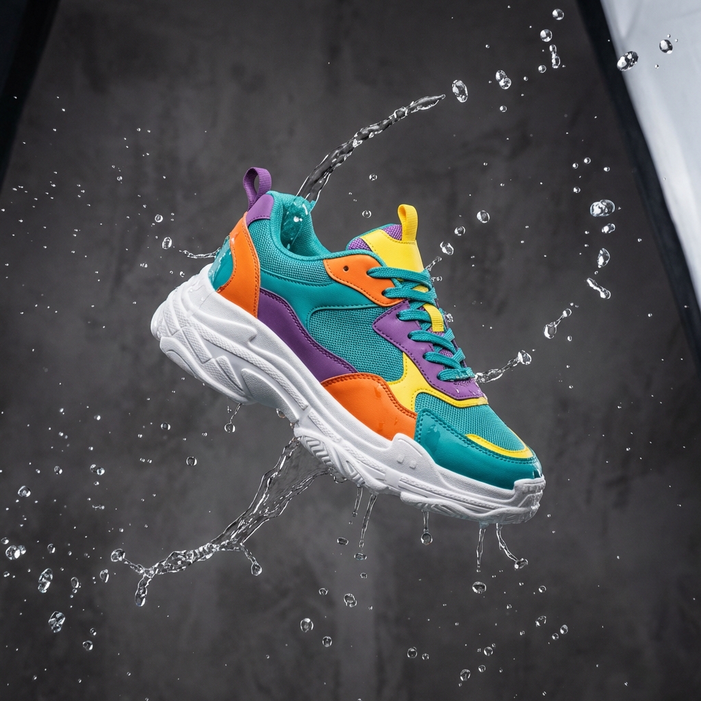 AI generated creative sneaker photography with dynamic water splash effects