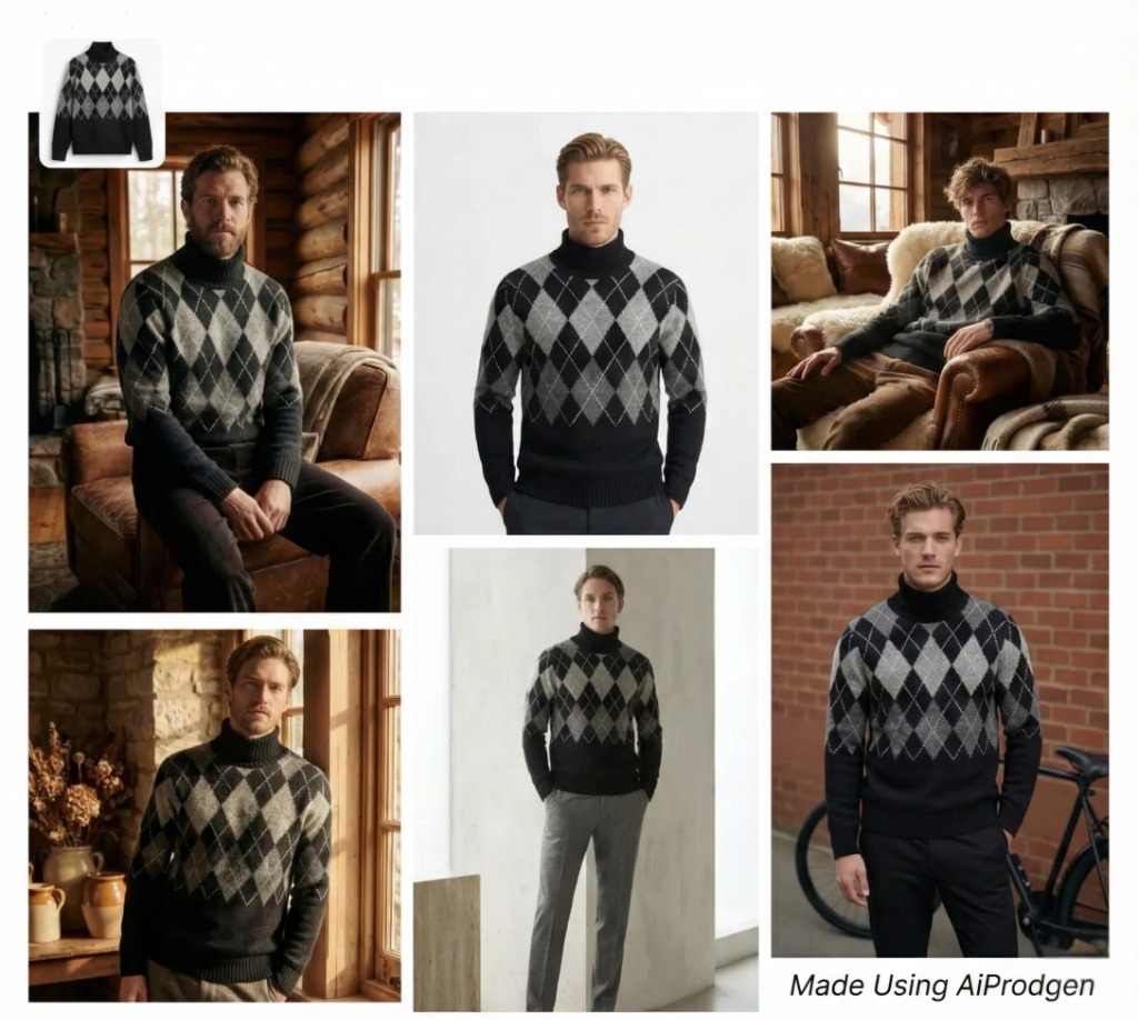AI generated fashion model wearing an argyle sweater in a multi-scene lookbook